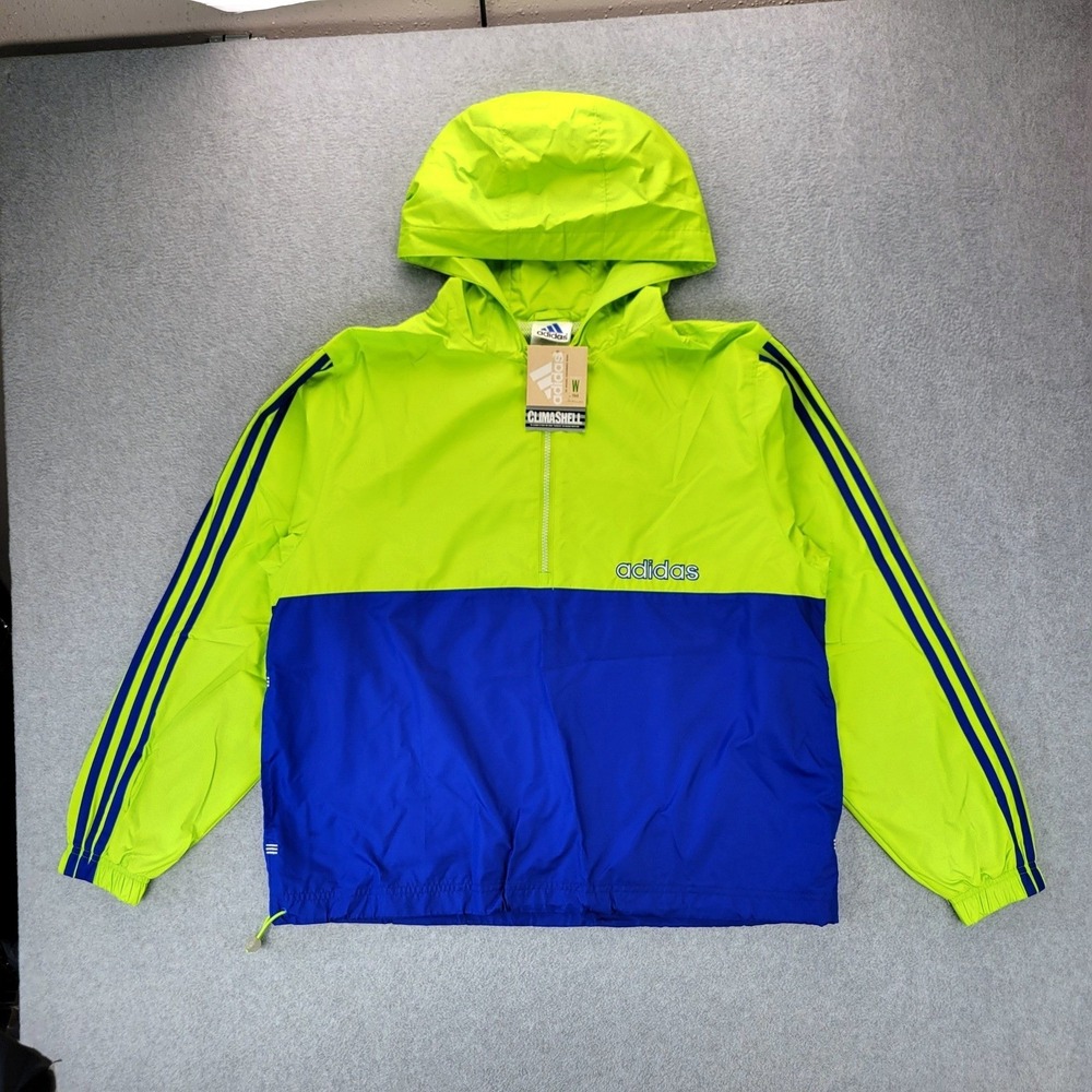 Adidas Windbreaker Jacket Womens L Lime Green Blue Climashell Half Zip Hooded